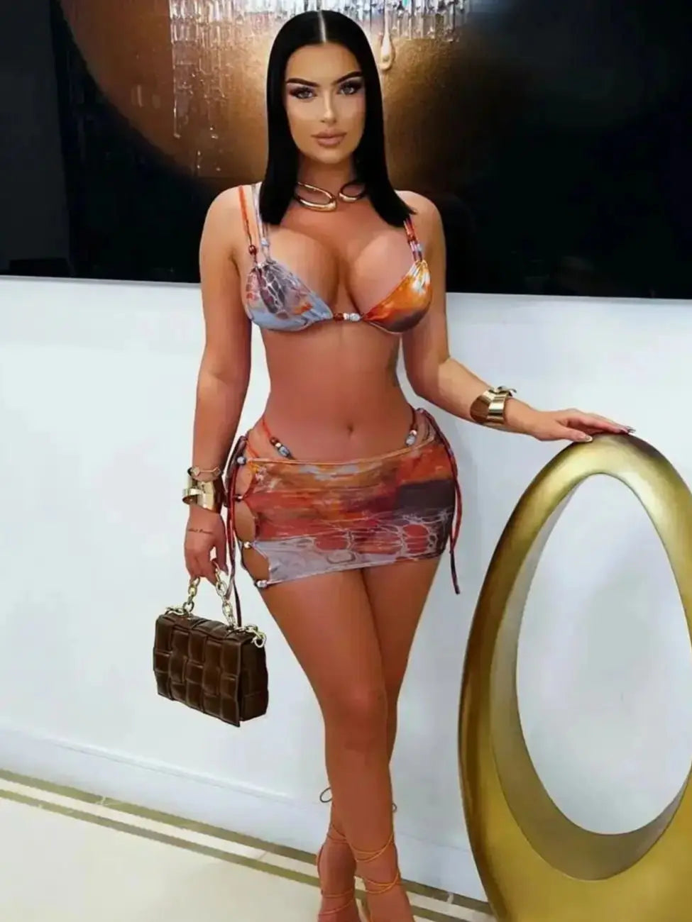 Women's 3-Piece Bikini Set with Mini Skirt - Halter Top Swimwear
