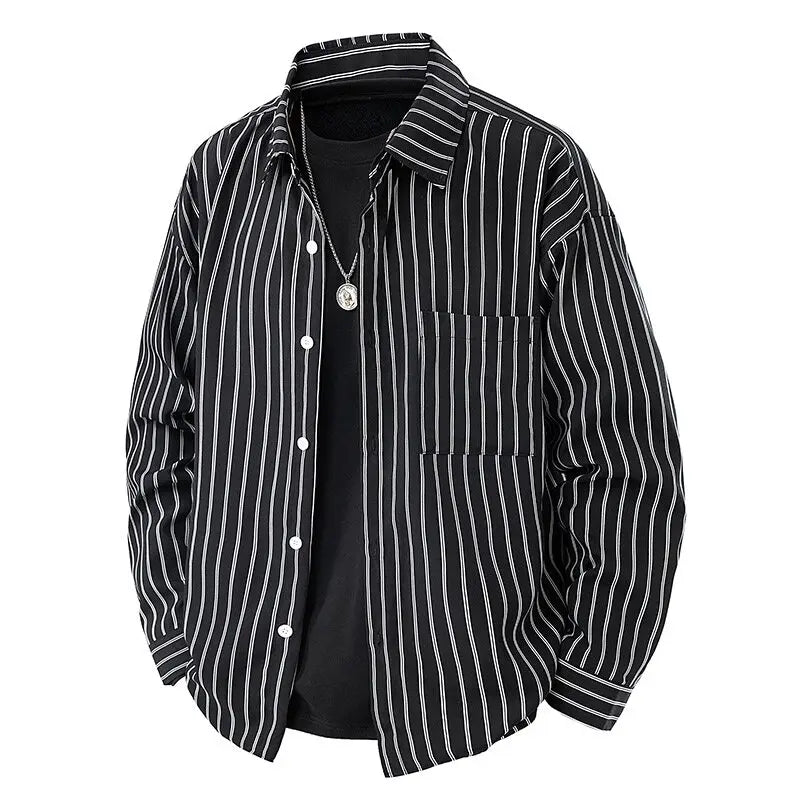 Men's Japanese Style Striped Casual Shirt - Long Sleeve Turn Down Collar