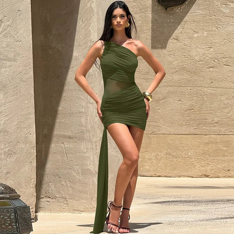 Women's Asymmetrical Bodycon Mini Dress - Ruched Mesh Patchwork Dress