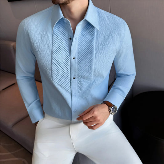 Men's Square Collar Dress Shirt Solid Color Long Sleeve Single Breasted