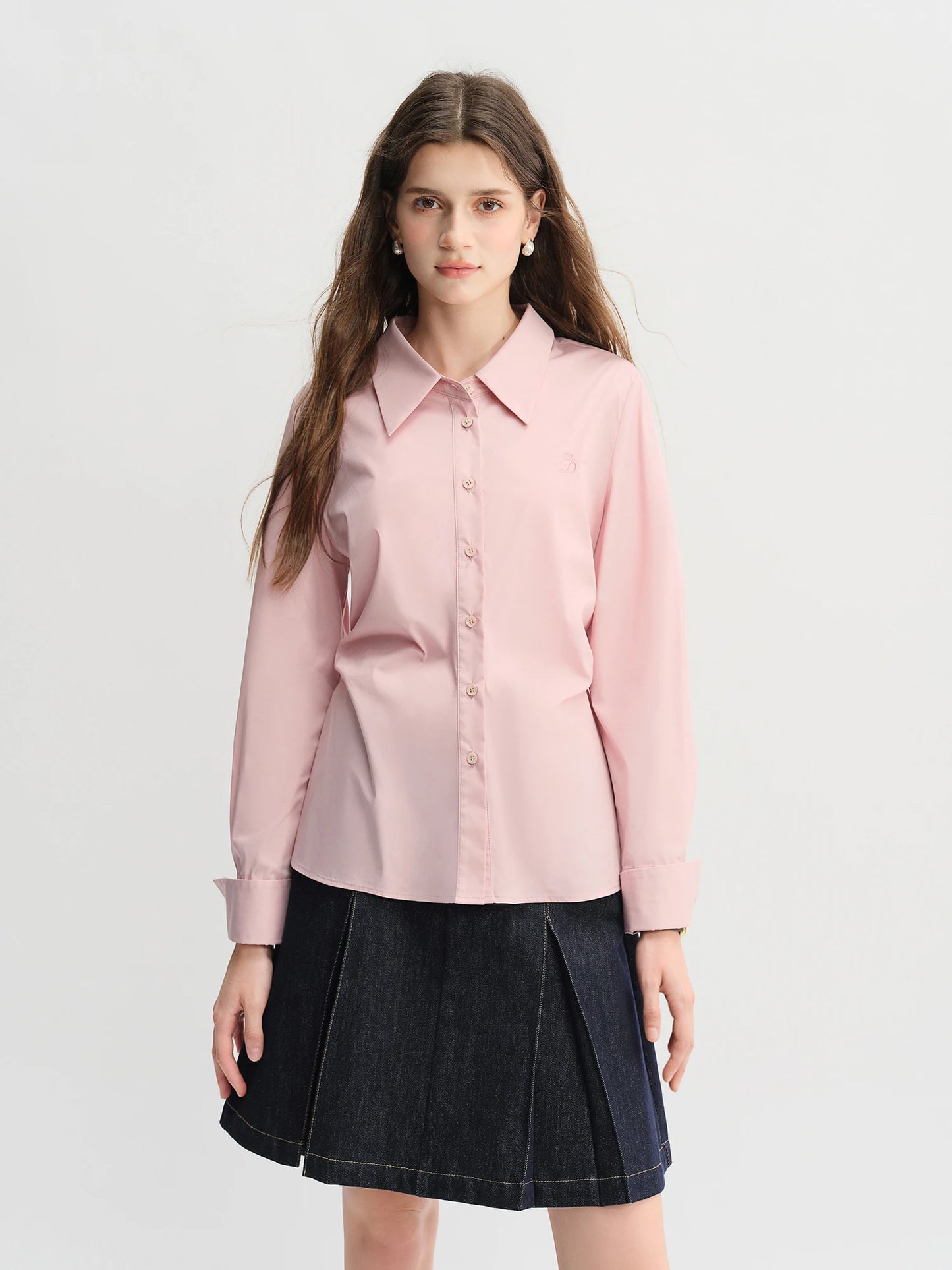 Pleated Tie-Waist Shirt & A-Line Skirt Suit - Tricolour Two-Piece