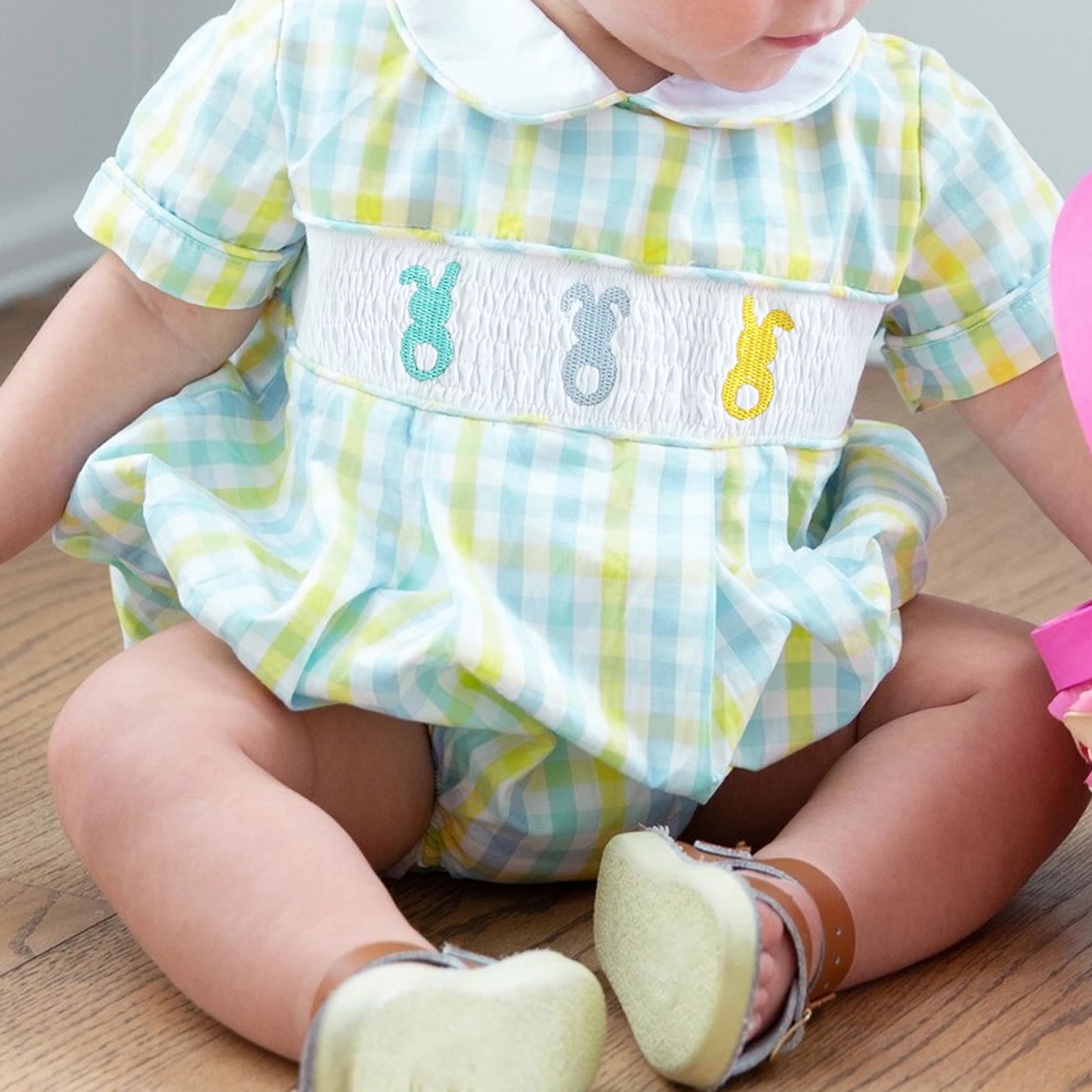 Baby Easter Romper with Bunny Embroidery - Smocked Doll Collar Bodysuit (Unisex)