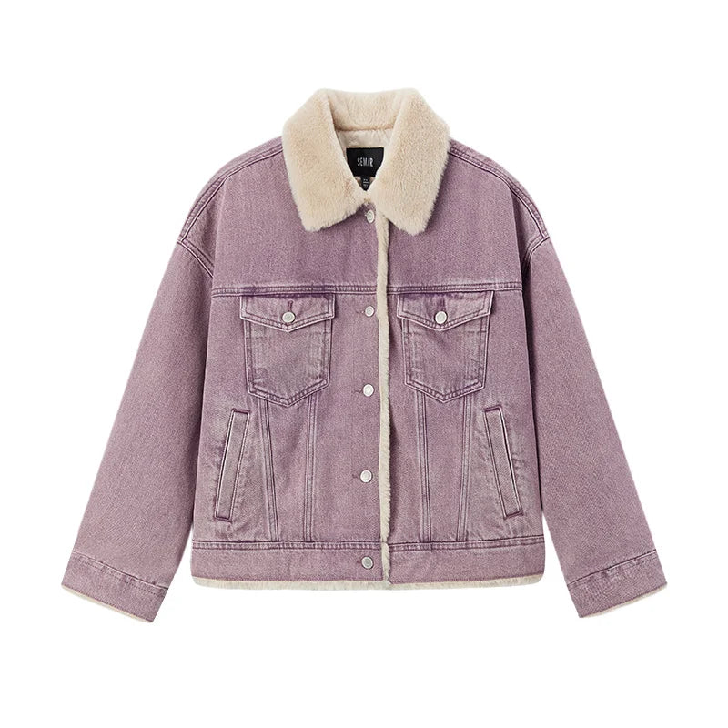Denim Jacket Women Patchwork Imitation Rabbit Fur Lapel Loose Winter Quilted Jacket