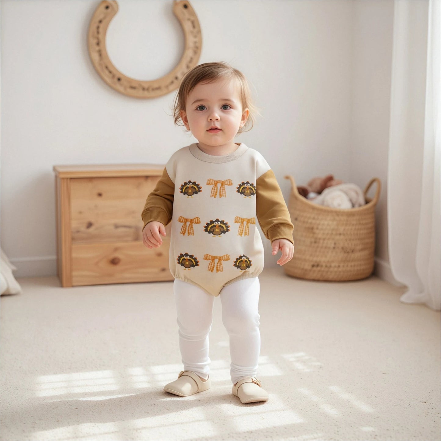 Baby Thanksgiving Romper - Bow Turkey Print Long Sleeve Bodysuit