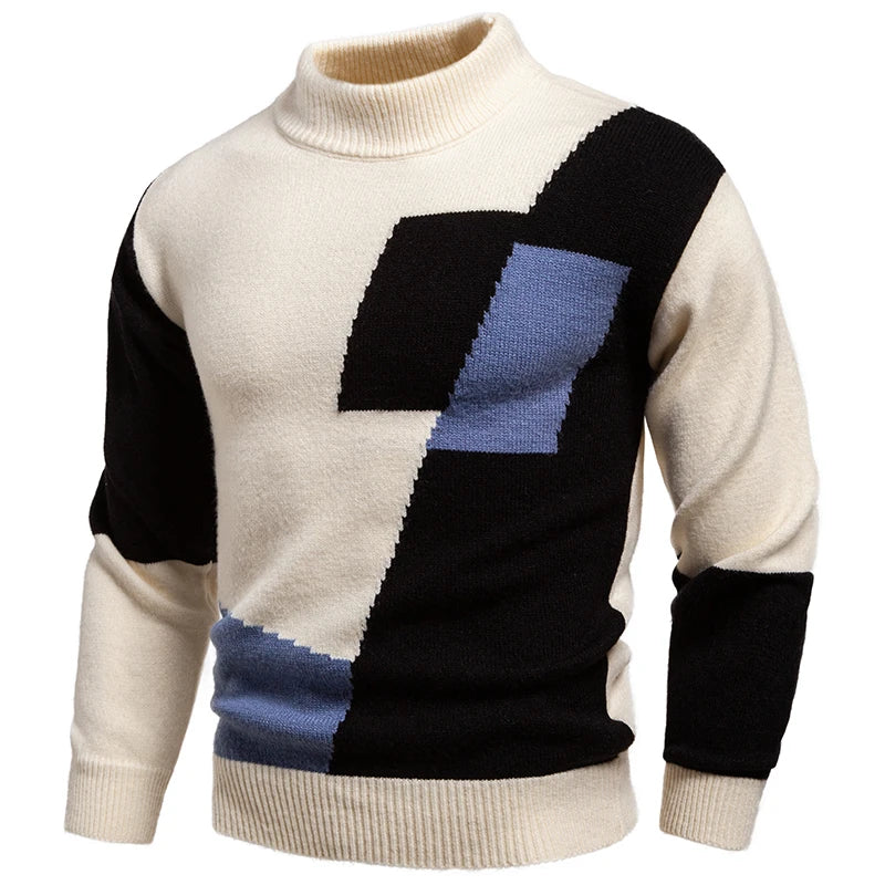 Mock Neck Patchwork Warm Knit Pullover