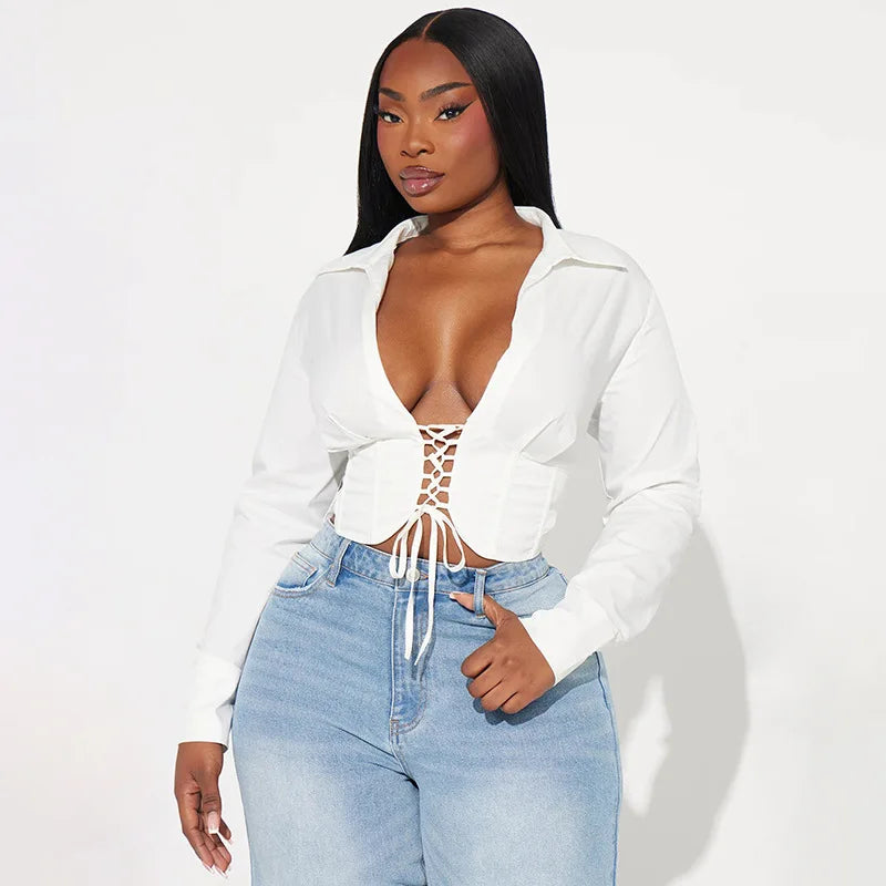 Women's Lace Up White Tie Front Top Shirt Blouse Long Sleeve Cropped Top