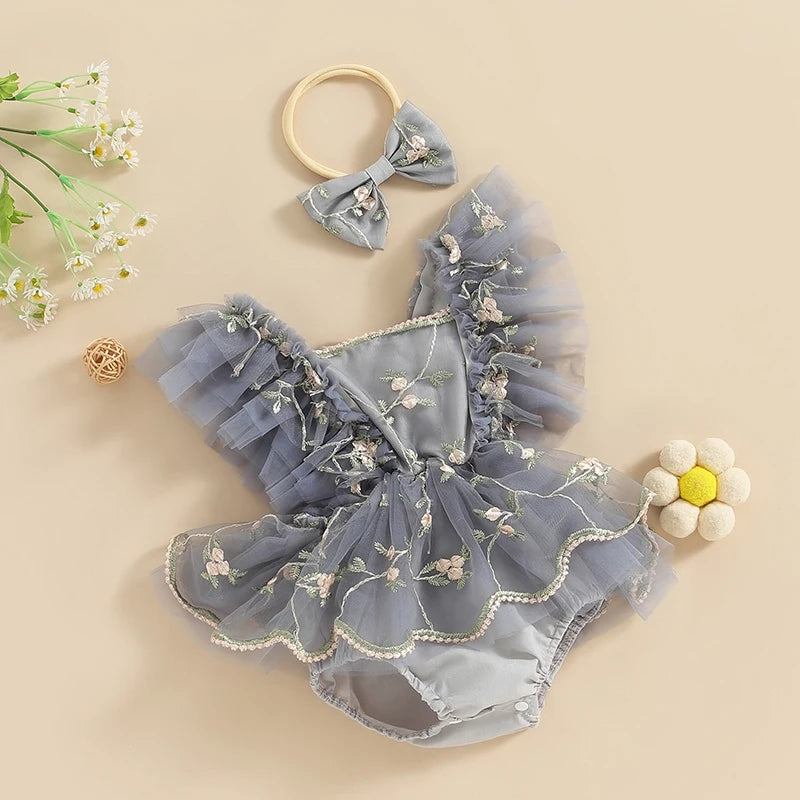 Baby Girls Summer Romper Dress with Headband - Floral Embroidery Tulle Jumpsuit