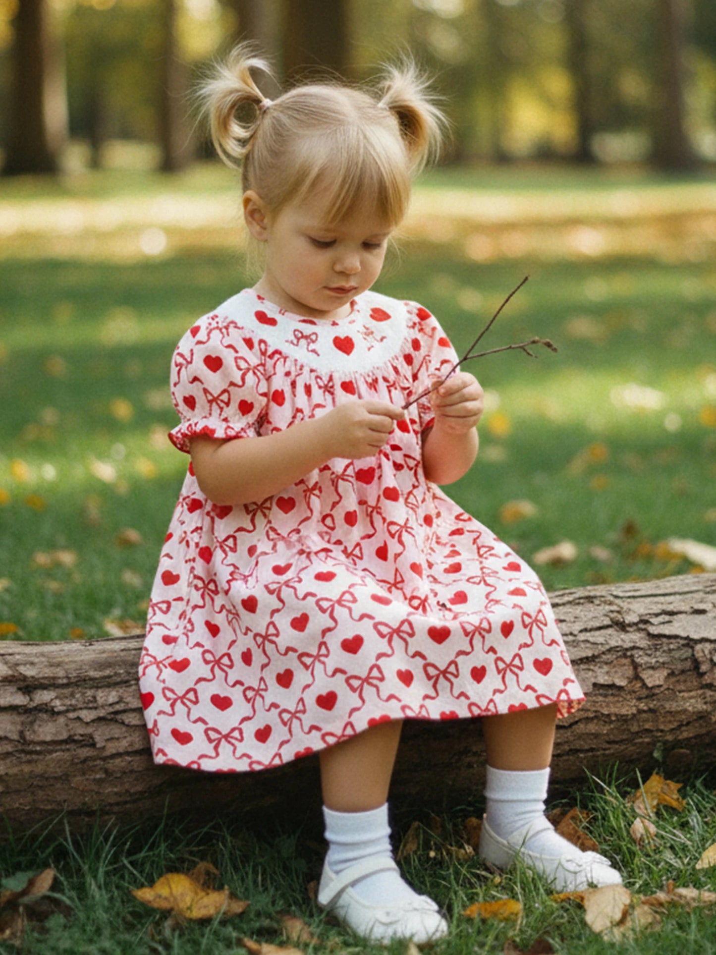 Little Girls Valentine's Day Short Sleeve Heart Embroidery Print A-Line Dress