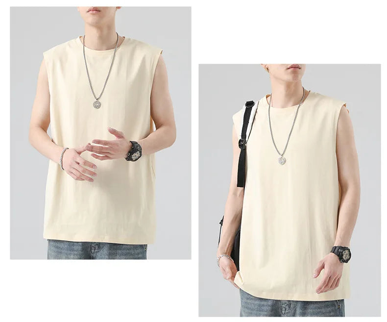 Men's Summer Cotton Sleeveless Loose Vest Sports Comfortable Breathable Round-Neck Tank Top