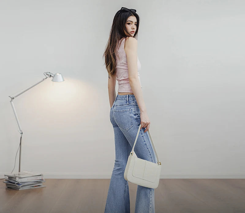 Women's Ripped Bell-Bottom Flare Jeans | 9oz Cotton Denim | Vintage High Street | Light Blue