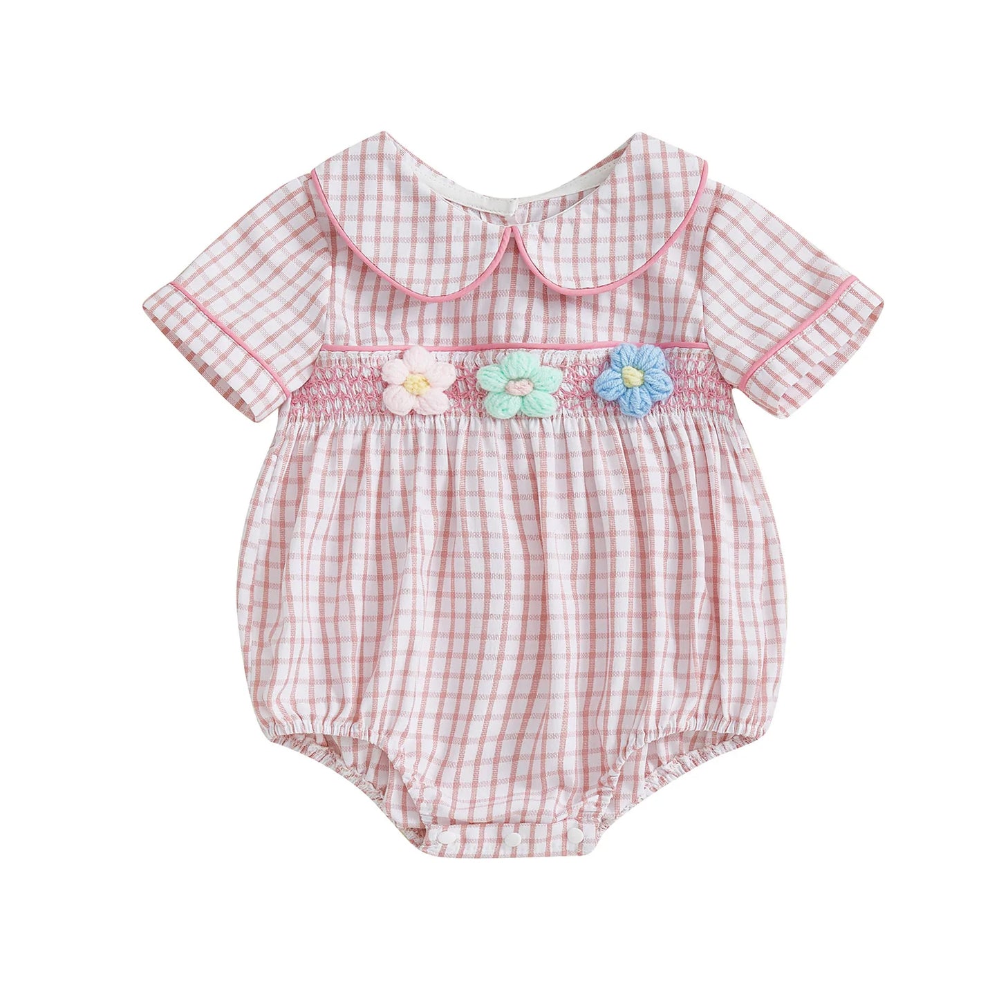 Baby Girls Summer Plaid Romper - Doll Collar Short Sleeve with Flower Embroidery (0-18M)