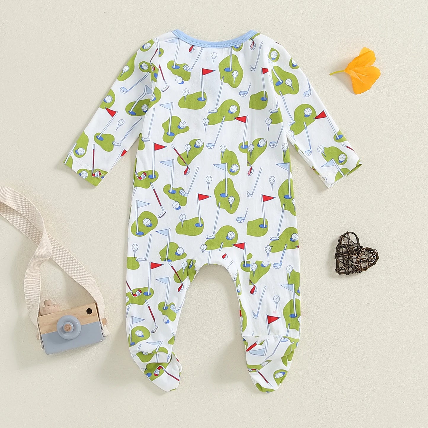 Newborn Baby Footed Romper - Long Sleeve Cartoon Golf Print Zipper Jumpsuit