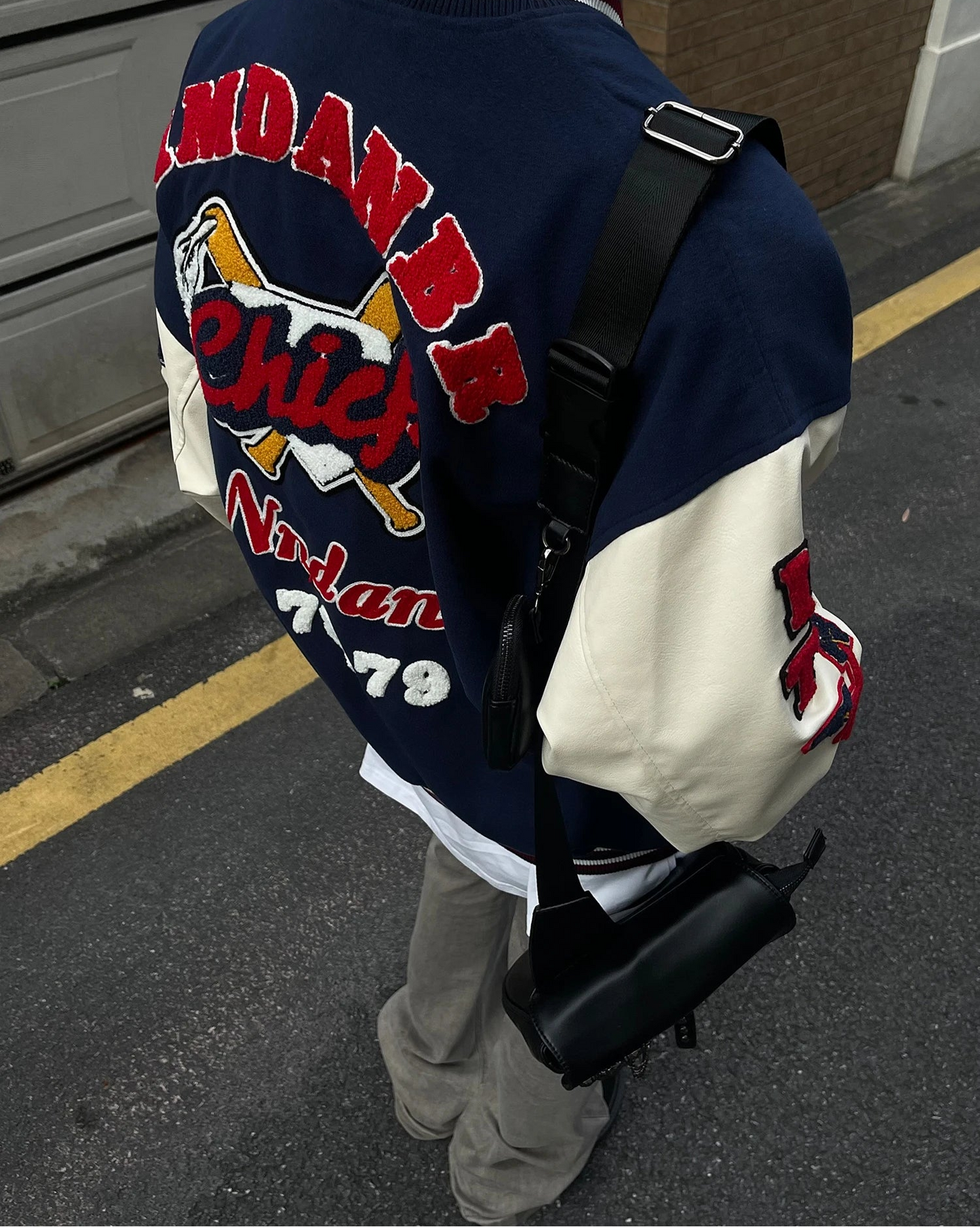 Men's Vintage Flocked Embroidery Patchwork Varsity PU Leather Sleeve Baseball Jacket