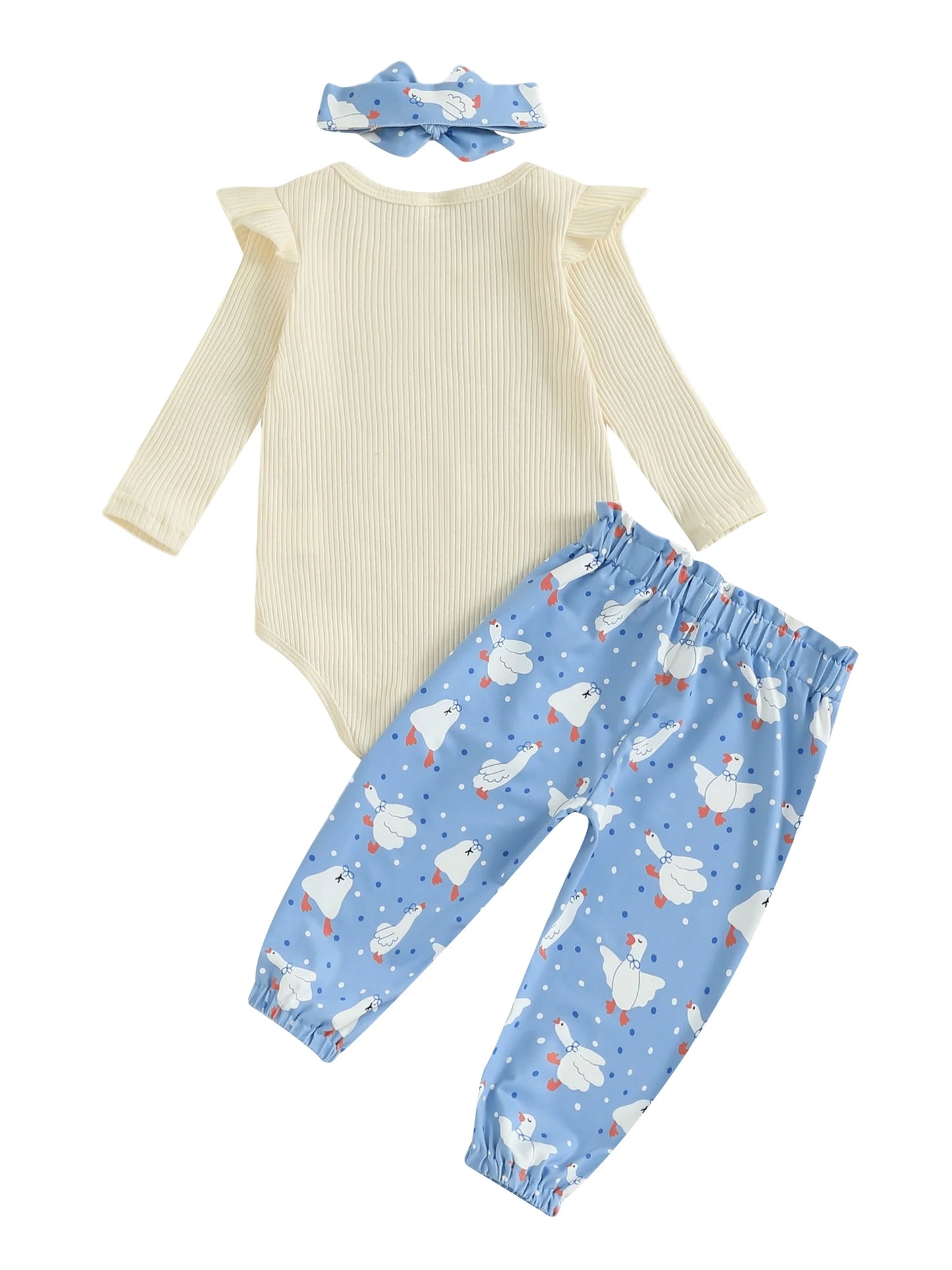 Baby Girls Duck Print Outfit Set - 3-Piece Long Sleeve Romper, Dot Pants & Headband (0-18M)