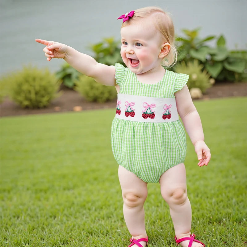 Baby Fruit Embroidery Romper - Ruffles Fly Sleeves Plaid Print Jumpsuit (0-18M)