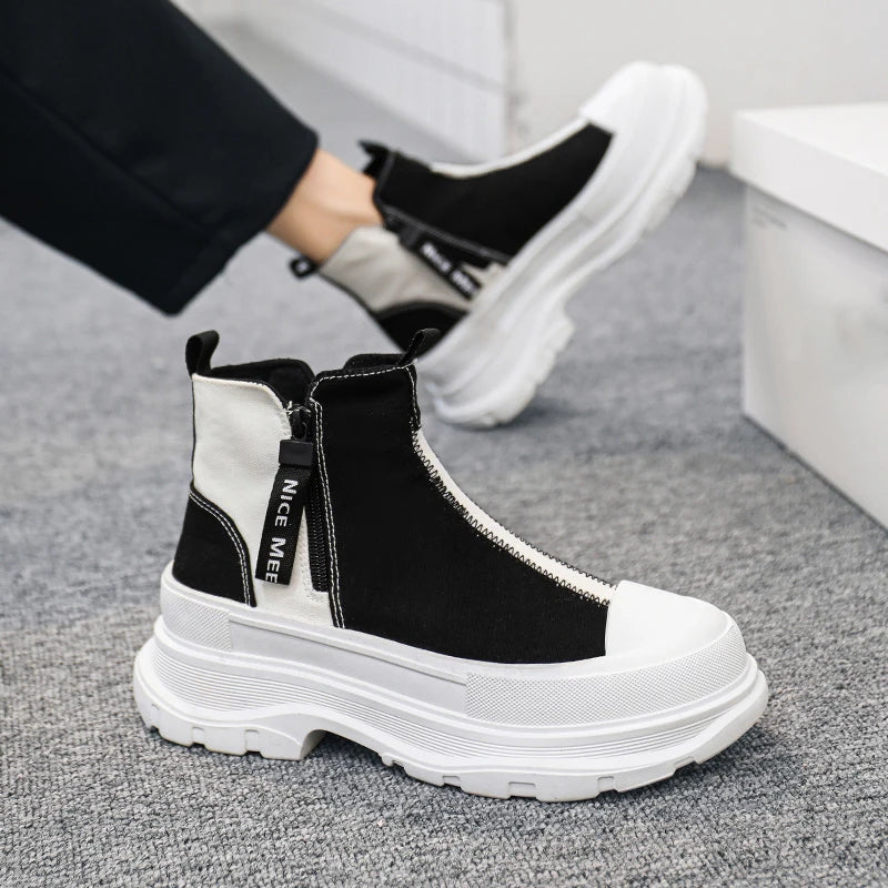 Men's Casual Sneakers Canvas Chunky Platform Ankle Boots High-cut Zip Patchwork Sneakers Breathable Sport Shoes