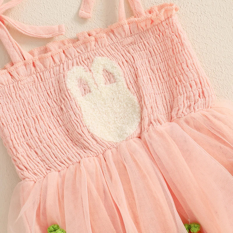 Baby Girls Easter Romper Dress with Headband - Rabbit Carrot Embroidery Tulle Jumpsuit