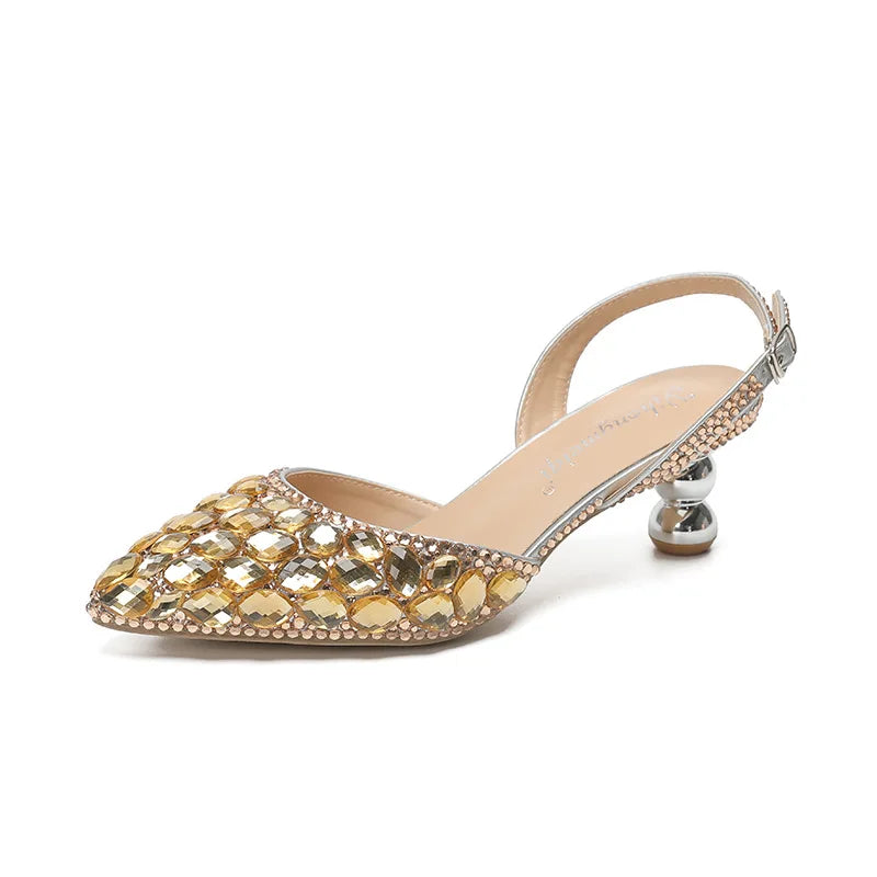 Women's 5cm Round Heel Shaped Heel Pearl Sandals