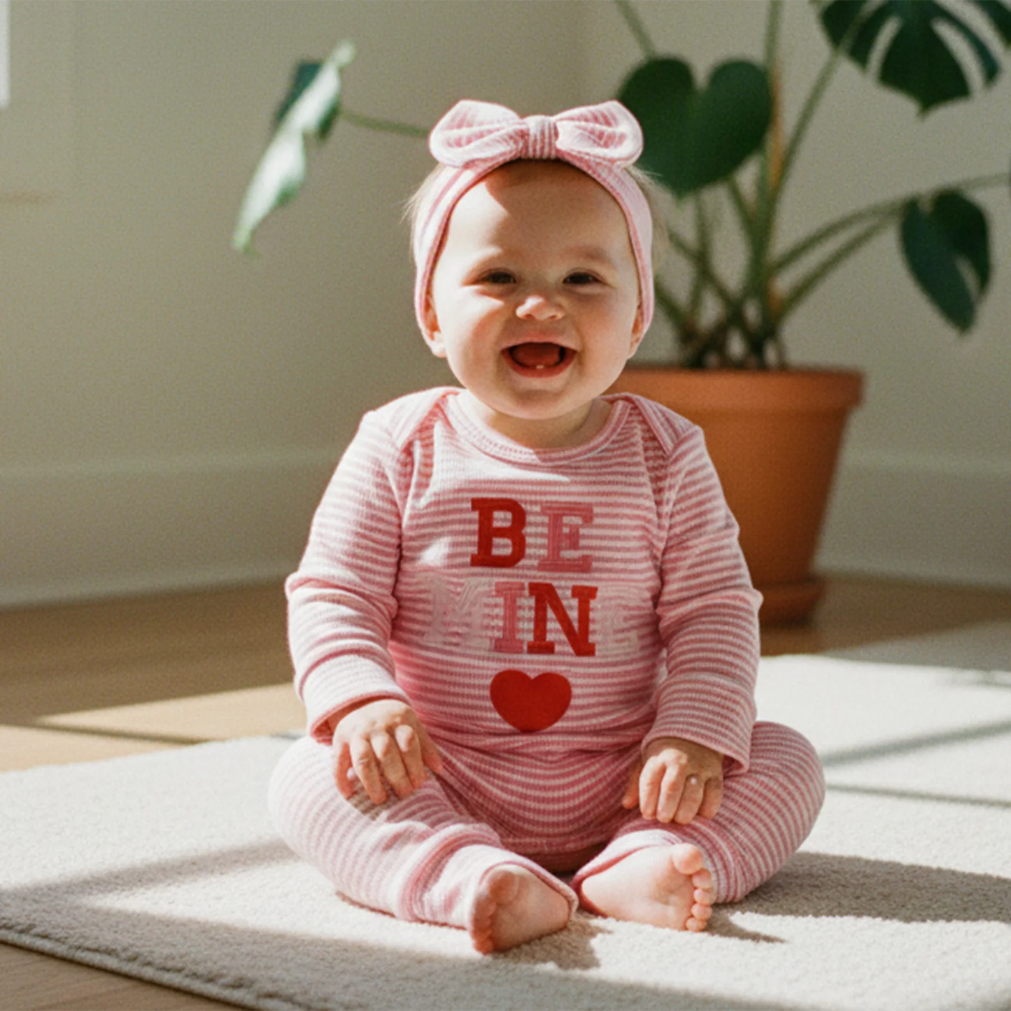 Newborn Baby Romper with Headband - Love Heart Embroidery Stripe Design
