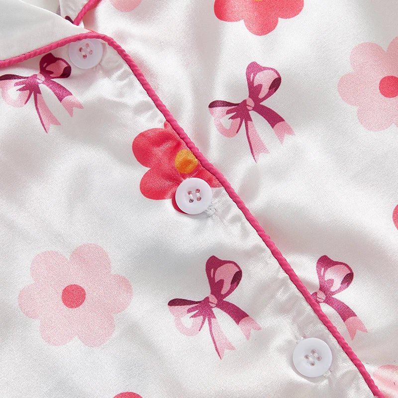 0-4Y Summer  Kids Girls Summer Pyjamas Clothes Sets 2pcs Flower Bow Print Single Breasted Shirts and Shorts