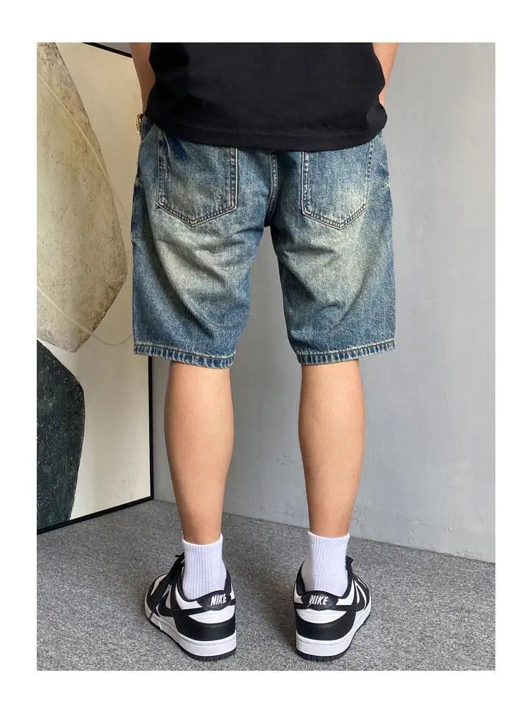Men's Summer American Casual Embroidery Patch Vintage Denim Shorts