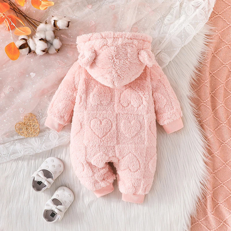 Baby Girls Boys Warm Romper 0-18M Solid Plush Hooded Long Sleeve Jumpsuits