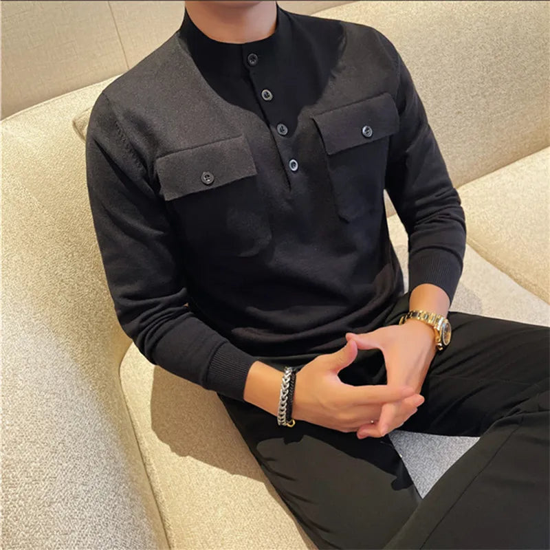 Men's Slim Fit Knitted O-Neck Pullover Sweater Solid Color Warm Korean Style