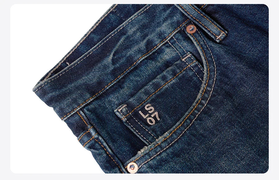 Men's loose Straight 13.5oz Fabric Washed Vintage Denim Jeans