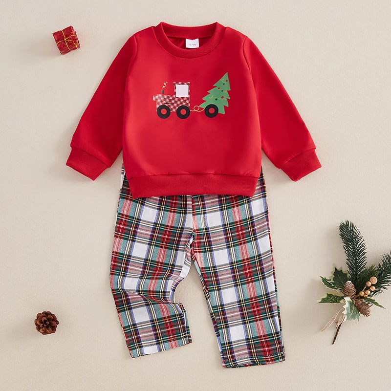 1-5Y Toddler Kids Boys Christmas Clothes Set- Xmas Tree Print Long Sleeve Sweatshirt with Plaid Pants Set