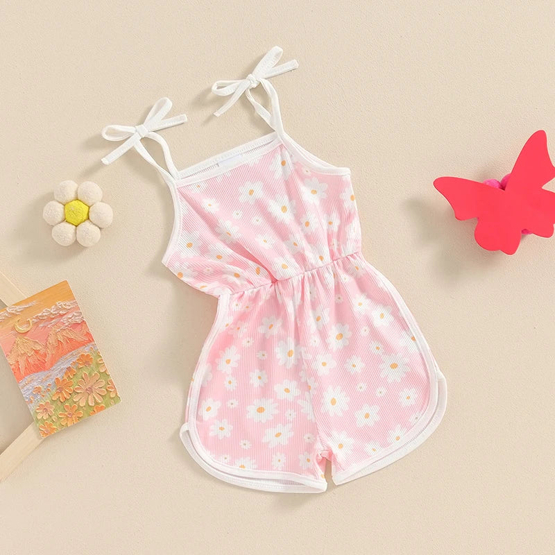 0-5Y  Kids Girls Summer Jumpsuit Shorts 4 Colours Sleeveless Square Neck Floral Print Romper Playsuits