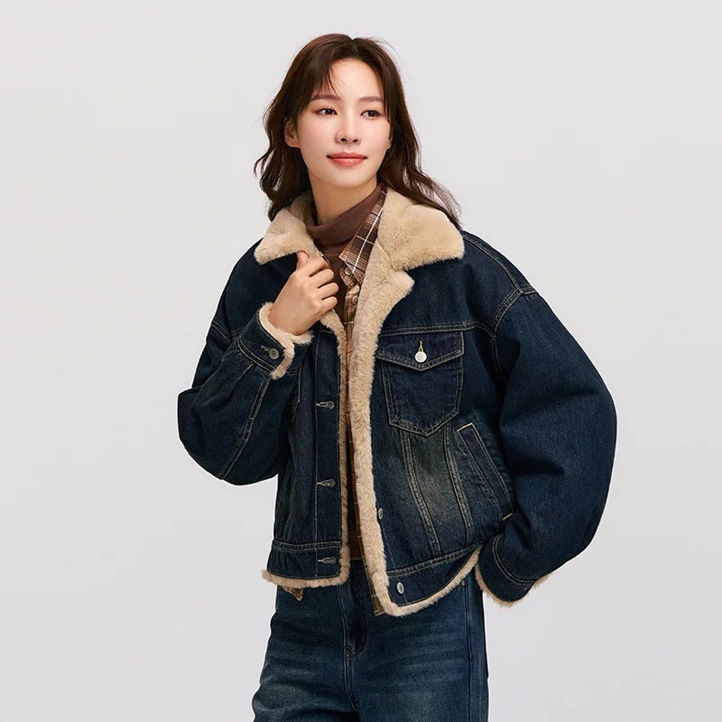 Denim Jacket Women Patchwork Imitation Rabbit Fur Lapel Loose Winter Quilted Jacket