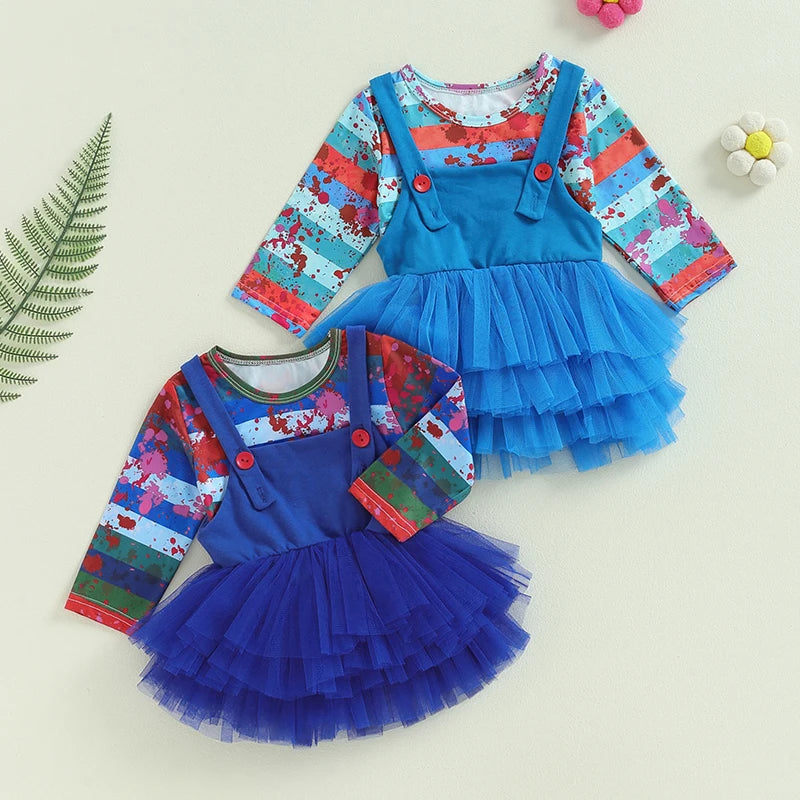 Girl's Halloween Outfit Set - Stripe Print Top & Lace Tulle Suspender Skirt