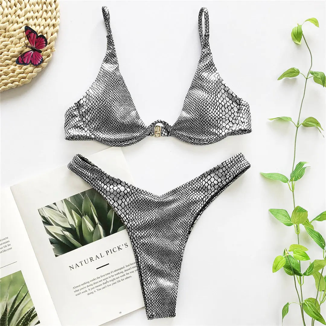 Women's V-Bar Underwired Bikini Set | V-Shape Wire Padded Two-Piece Swimwear