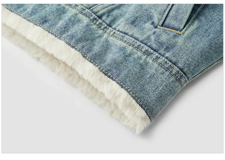 Denim Jacket Women Patchwork Imitation Rabbit Fur Lapel Loose Winter Quilted Jacket