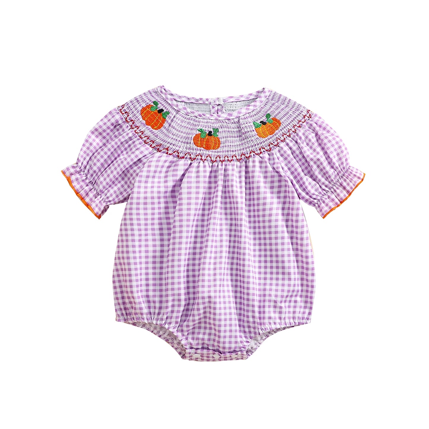 0-3Y Baby Girls Boys Romper Pumpkin Embroidered Plaid Print Short Sleeve Ruffled Jumpsuits