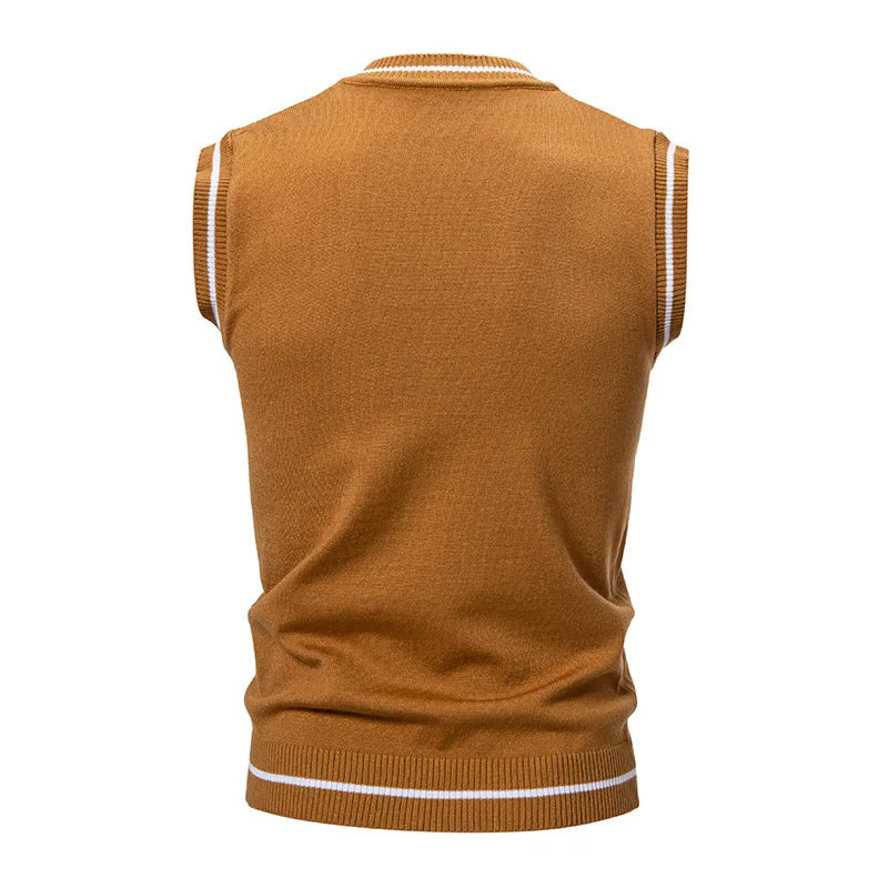 Men's V-Neck Knit Vest - Slim Fit Sleeveless Patchwork Sweater Vest for Autumn Winter
