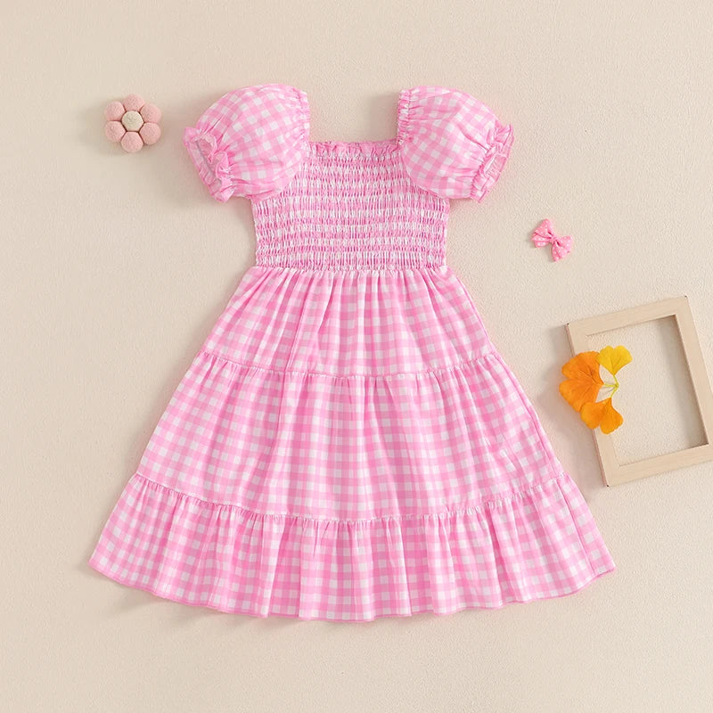 4-6Y Kids Girl's Summer Dress Plaid Print Short Puff Sleeve Square Neck Tiered A-Line Dress