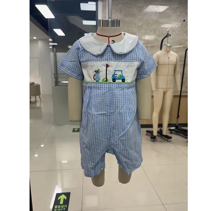 Baby Boys Romper - Doll Collar Golf Embroidery Plaid Jumpsuit