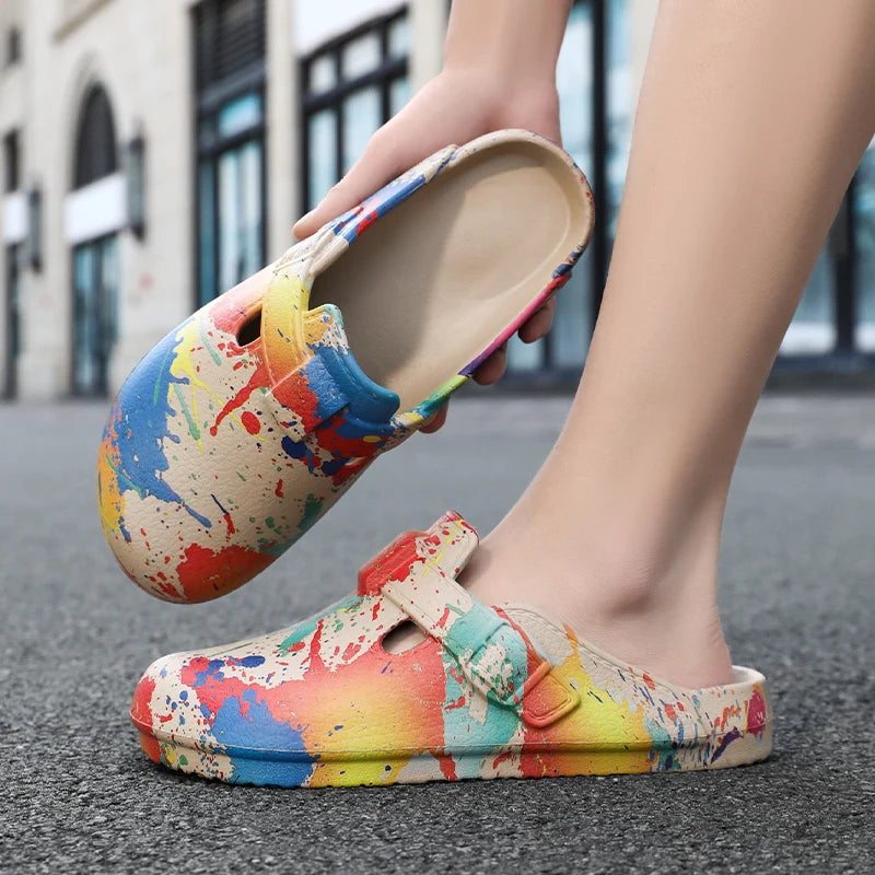 Men's Summer Slippers Platform Sandals Clogs Splashing Ink Design Slides