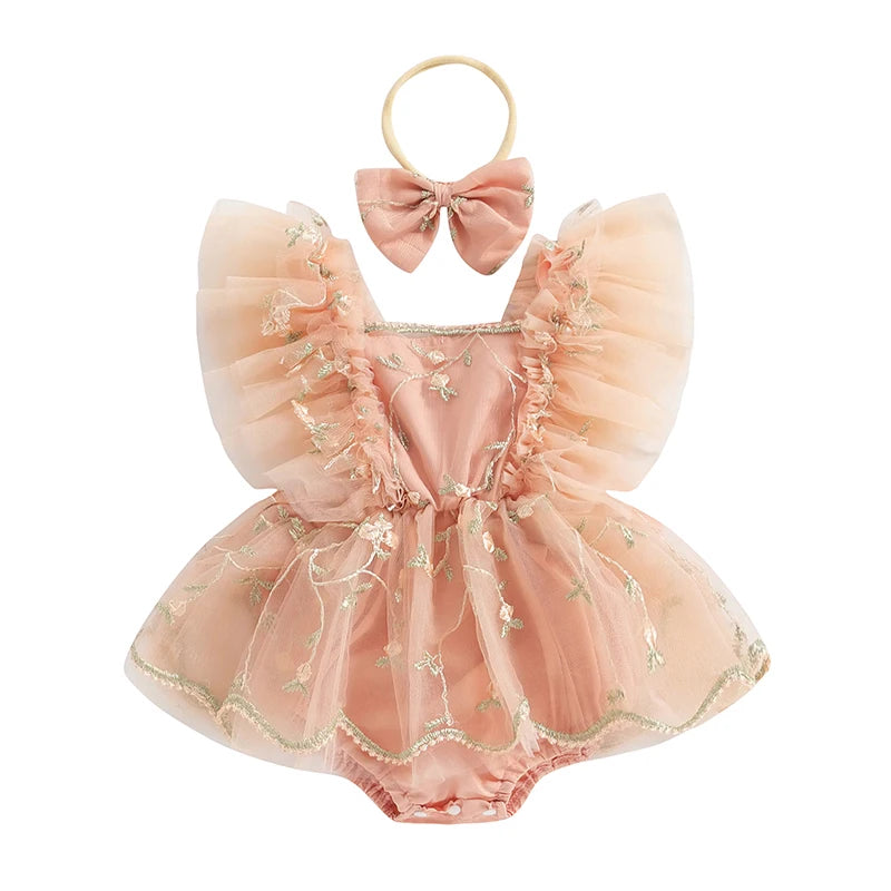 Baby Girls Summer Romper Dress with Headband - Floral Embroidery Tulle Jumpsuit