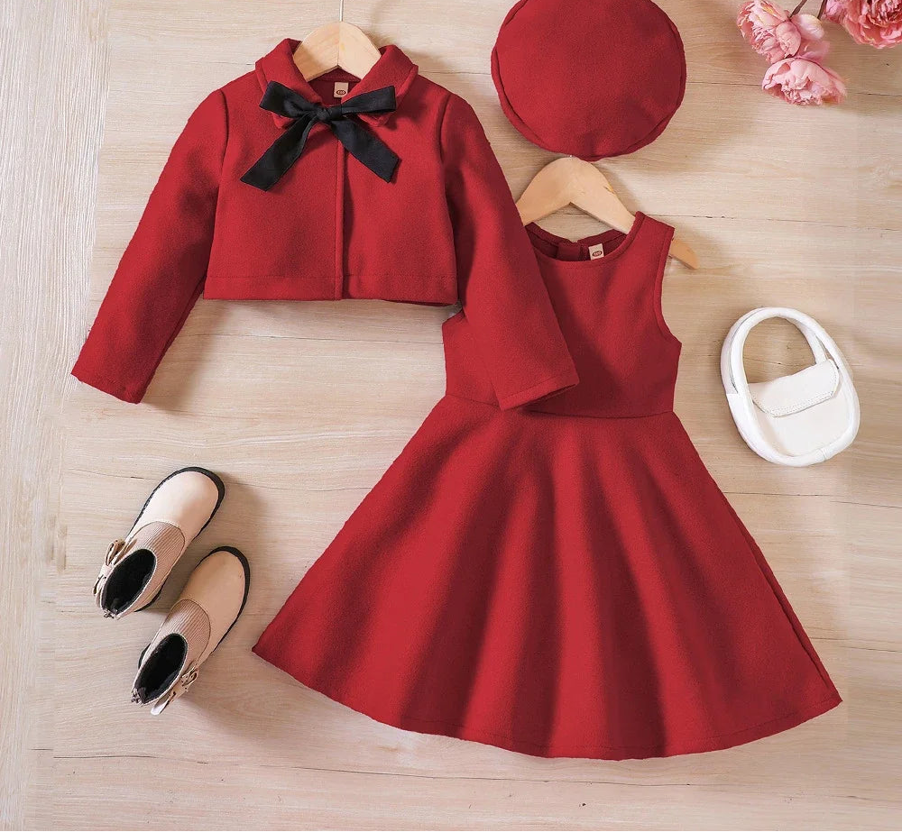 Christmas Red 3 Pieces Dress Set - Baby Girls Winter Outfit with Coat and Hat