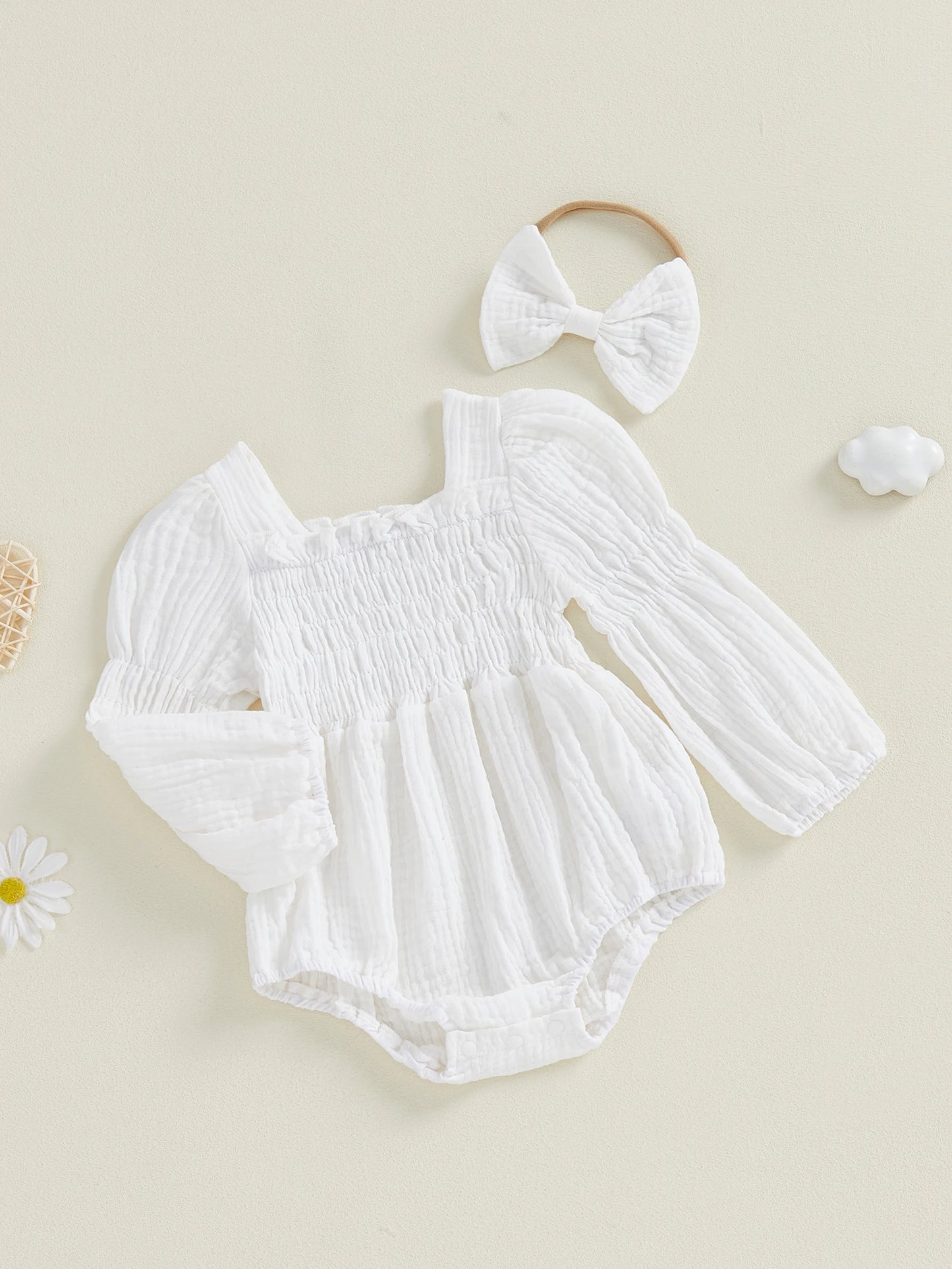 Baby Romper Set - Long Sleeve Smocked Jumpsuit with Headband