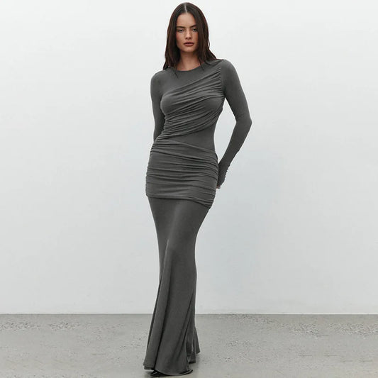 Women's Ruched Maxi Long Sleeve Elegant Asymmetrical Dress