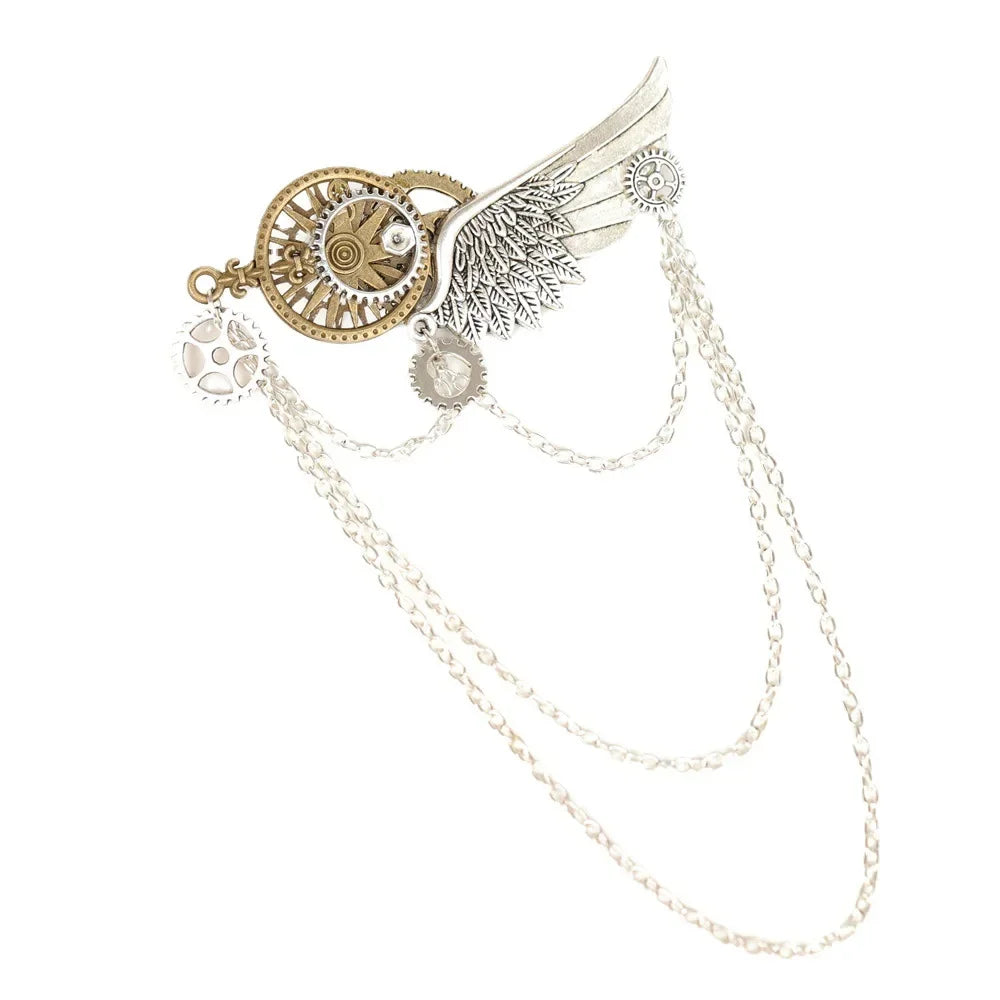 Vintage Steampunk Wings Brooch with Tassel Chain - Lapel Pin Badge