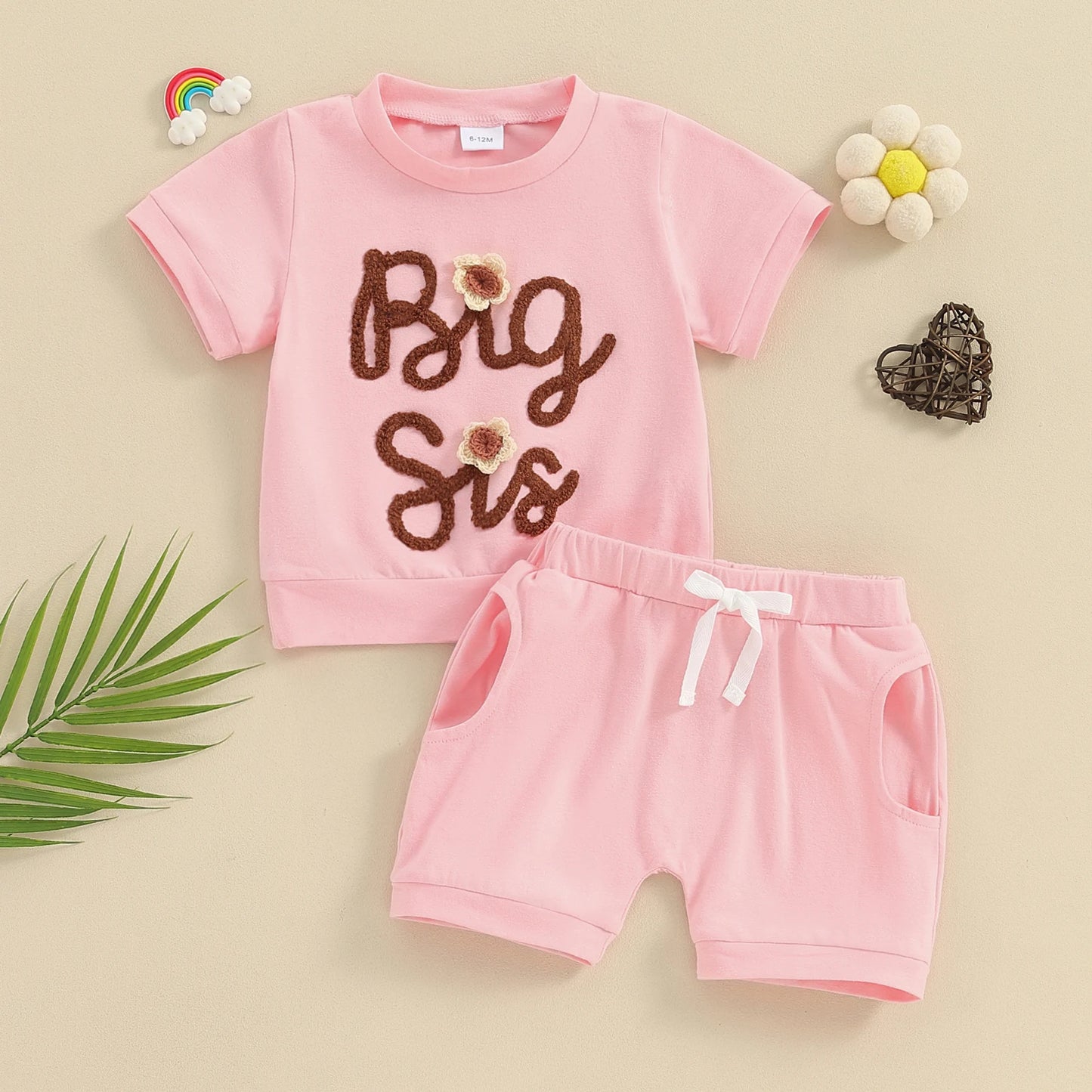 0-4Y Toddler Baby Girls Sister Matching Outfits Summer Clothes Set - Short Sleeve Letter Flower Embroidery Tops Shorts