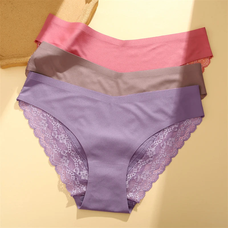 Women's 2Pcs Seamless Stretch Underwear Lace Floral Panties Recycled Materials Breathable Briefs Low Waist Comfort Lingerie