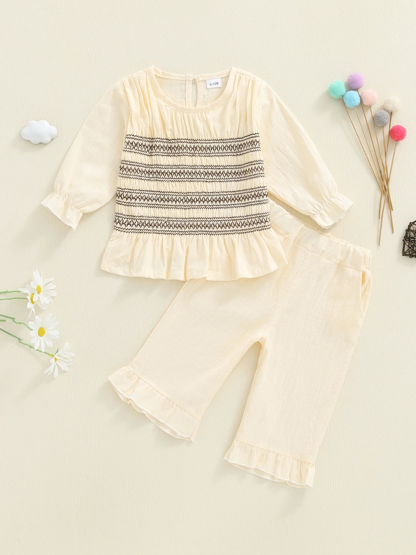 Toddler Baby Girl Fall Outfit - Smocked Long Sleeve Top & Elastic Waist Ruffle Pants Set