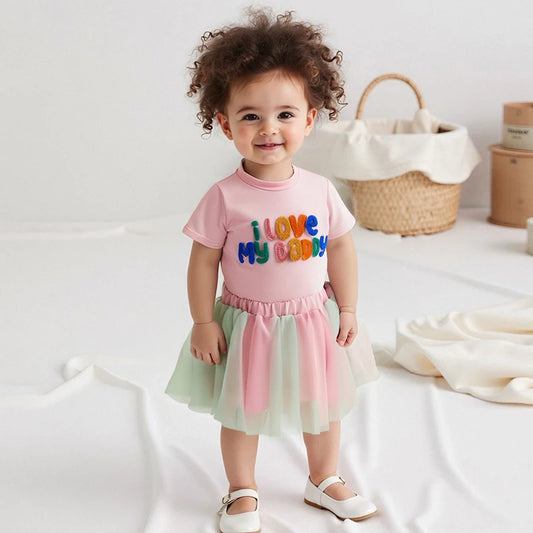 0-5Y Toddler Kids Girls Summer Clothes Sets Letter Embroidery Short Sleeve T-Shirt and Elastic Tulle Skirt