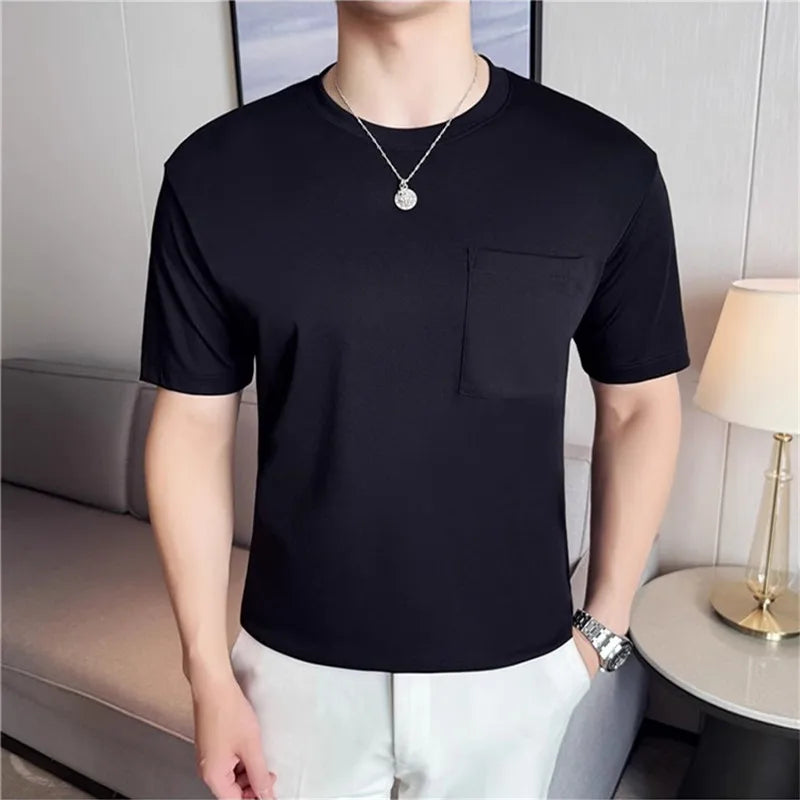 Men's Summer  Short Sleeve Cotton Round-Neck Smart Casual Pocket T shirt