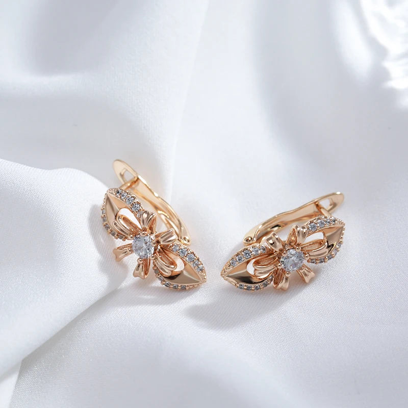 Women's Unique 585 Rose Gold Colour Long Flower Earring for Women Natural Zircon Accessories High Quality Daily Vintage Jewelry